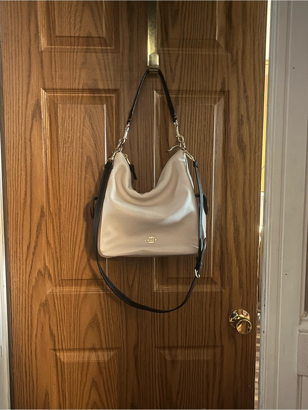 Coach F33825 Ivory Cream Pebbled Leather Satchel Black Trim (Pennie)